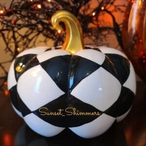 Mackenzie Style Black & White Harlaquin Ceramic Pumpkin Fall Halloween Decor New